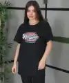 Kadın Kısa Kol Yazlık Tişört Bisiklet Yaka Baskılı Oversize T-Shirt - Siyah