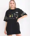 Kadın Kısa Kol Yazlık Tişört Bisiklet Yaka Baskılı Oversize T-Shirt - Siyah