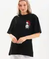 Kadın Kısa Kol Yazlık Tişört Bisiklet Yaka Baskılı Oversize T-Shirt - Siyah