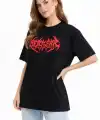 Kadın Kısa Kol Yazlık Tişört Bisiklet Yaka Baskılı Oversize T-Shirt -  Siyah