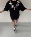 Kadın Kısa Kol Yazlık Tişört Bisiklet Yaka Baskılı Oversize T-Shirt - Siyah