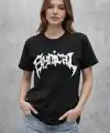 Kadın Kısa Kol Yazlık Tişört Bisiklet Yaka Baskılı Oversize T-Shirt - Siyah