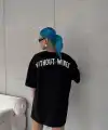 Kadın Kısa Kol Yazlık Tişört Bisiklet Yaka Baskılı Oversize T-Shirt -  Siyah