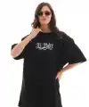 Kadın Kısa Kol Yazlık Tişört Bisiklet Yaka Baskılı Oversize T-Shirt - Siyah