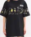 Kadın Kısa Kol Yazlık Tişört Bisiklet Yaka Baskılı Oversize T-Shirt - Siyah