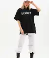 Kadın Kısa Kol Yazlık Tişört Bisiklet Yaka Baskılı Oversize T-Shirt - Siyah