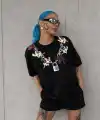 Kadın Kısa Kol Yazlık Tişört Bisiklet Yaka Baskılı Oversize T-Shirt - Siyah