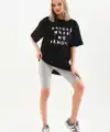 Kadın Kısa Kol Yazlık Tişört Bisiklet Yaka Baskılı Oversize T-Shirt - Siyah