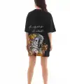 Kadın Kısa Kol Yazlık Tişört Bisiklet Yaka Baskılı Oversize T-Shirt - Siyah