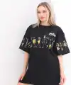Kadın Kısa Kol Yazlık Tişört Bisiklet Yaka Baskılı Oversize T-Shirt - Siyah