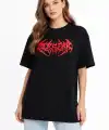 Kadın Kısa Kol Yazlık Tişört Bisiklet Yaka Baskılı Oversize T-Shirt -  Siyah