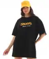 Kadın Kısa Kol Yazlık Tişört Bisiklet Yaka Baskılı Oversize T-Shirt - Siyah