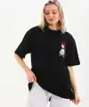 Kadın Kısa Kol Yazlık Tişört Bisiklet Yaka Baskılı Oversize T-Shirt - Siyah