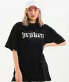 Kadın Kısa Kol Yazlık Tişört Bisiklet Yaka Baskılı Oversize T-Shirt - Siyah