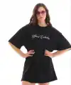 Kadın Kısa Kol Yazlık Tişört Bisiklet Yaka Baskılı Oversize T-Shirt - Siyah