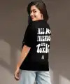 Kadın Kısa Kol Yazlık Tişört Bisiklet Yaka Baskılı Oversize T-Shirt - Siyah