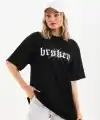 Kadın Kısa Kol Yazlık Tişört Bisiklet Yaka Baskılı Oversize T-Shirt - Siyah