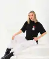 Kadın Kısa Kol Yazlık Tişört Bisiklet Yaka Baskılı Oversize T-Shirt - Siyah