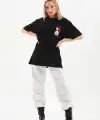 Kadın Kısa Kol Yazlık Tişört Bisiklet Yaka Baskılı Oversize T-Shirt - Siyah