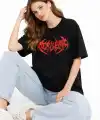 Kadın Kısa Kol Yazlık Tişört Bisiklet Yaka Baskılı Oversize T-Shirt -  Siyah