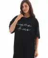 Kadın Kısa Kol Yazlık Tişört Bisiklet Yaka Baskılı Oversize T-Shirt - Siyah