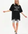 Kadın Kısa Kol Yazlık Tişört Bisiklet Yaka Baskılı Oversize T-Shirt - Siyah