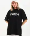 Kadın Kısa Kol Yazlık Tişört Bisiklet Yaka Baskılı Oversize T-Shirt - Siyah