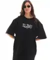 Kadın Kısa Kol Yazlık Tişört Bisiklet Yaka Baskılı Oversize T-Shirt - Siyah