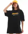 Kadın Kısa Kol Yazlık Tişört Bisiklet Yaka Baskılı Oversize T-Shirt - Siyah