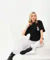 Kadın Kısa Kol Yazlık Tişört Bisiklet Yaka Baskılı Oversize T-Shirt - Siyah
