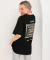 Kadın Kısa Kol Yazlık Tişört Bisiklet Yaka Baskılı Oversize T-Shirt - Siyah