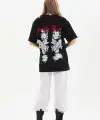 Kadın Kısa Kol Yazlık Tişört Bisiklet Yaka Baskılı Oversize T-Shirt - Siyah