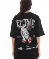 Kadın Kısa Kol Yazlık Tişört Bisiklet Yaka Baskılı Oversize T-Shirt - Siyah