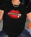 Kadın Kısa Kol Yazlık Tişört Bisiklet Yaka Dudak Baskılı T-Shirt - Siyah