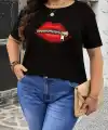Kadın Kısa Kol Yazlık Tişört Bisiklet Yaka Dudak Baskılı T-Shirt - Siyah