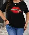 Kadın Kısa Kol Yazlık Tişört Bisiklet Yaka Dudak Baskılı T-Shirt - Siyah