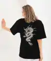 Kadın Kısa Kol Yazlık Tişört Bisiklet Yaka Ejderha Baskılı T-Shirt - Siyah