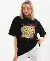 Kadın Kısa Kol Yazlık Tişört Bisiklet Yaka Ejderha Baskılı T-Shirt - Siyah