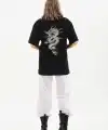 Kadın Kısa Kol Yazlık Tişört Bisiklet Yaka Ejderha Baskılı T-Shirt - Siyah