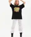 Kadın Kısa Kol Yazlık Tişört Bisiklet Yaka Ejderha Baskılı T-Shirt - Siyah