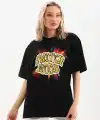 Kadın Kısa Kol Yazlık Tişört Bisiklet Yaka Ejderha Baskılı T-Shirt - Siyah