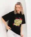 Kadın Kısa Kol Yazlık Tişört Bisiklet Yaka Ejderha Baskılı T-Shirt - Siyah
