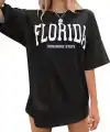 Kadın Kısa Kol Yazlık Tişört Bisiklet Yaka FLORIDA Baskılı T-Shirt - Siyah
