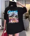 Kadın Kısa Kol Yazlık Tişört Bisiklet Yaka Okyanus Baskılı T-Shirt - Siyah