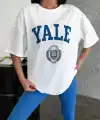 Kadın Kısa Kol Yazlık Tişört Bisiklet Yaka YALE Baskılı T-Shirt - Beyaz