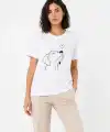 Kadın Köpek Figürlü Minimal Baskılı Tişört Kısa Kol Yazlık T-Shirt - Beyaz