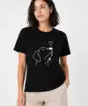 Kadın Köpek Figürlü Minimal Baskılı Tişört Kısa Kol Yazlık T-Shirt - Siyah