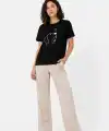 Kadın Köpek Figürlü Minimal Baskılı Tişört Kısa Kol Yazlık T-Shirt - Siyah
