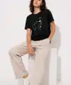Kadın Köpek Figürlü Minimal Baskılı Tişört Kısa Kol Yazlık T-Shirt - Siyah