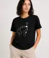 Kadın Köpek Figürlü Minimal Baskılı Tişört Kısa Kol Yazlık T-Shirt - Siyah